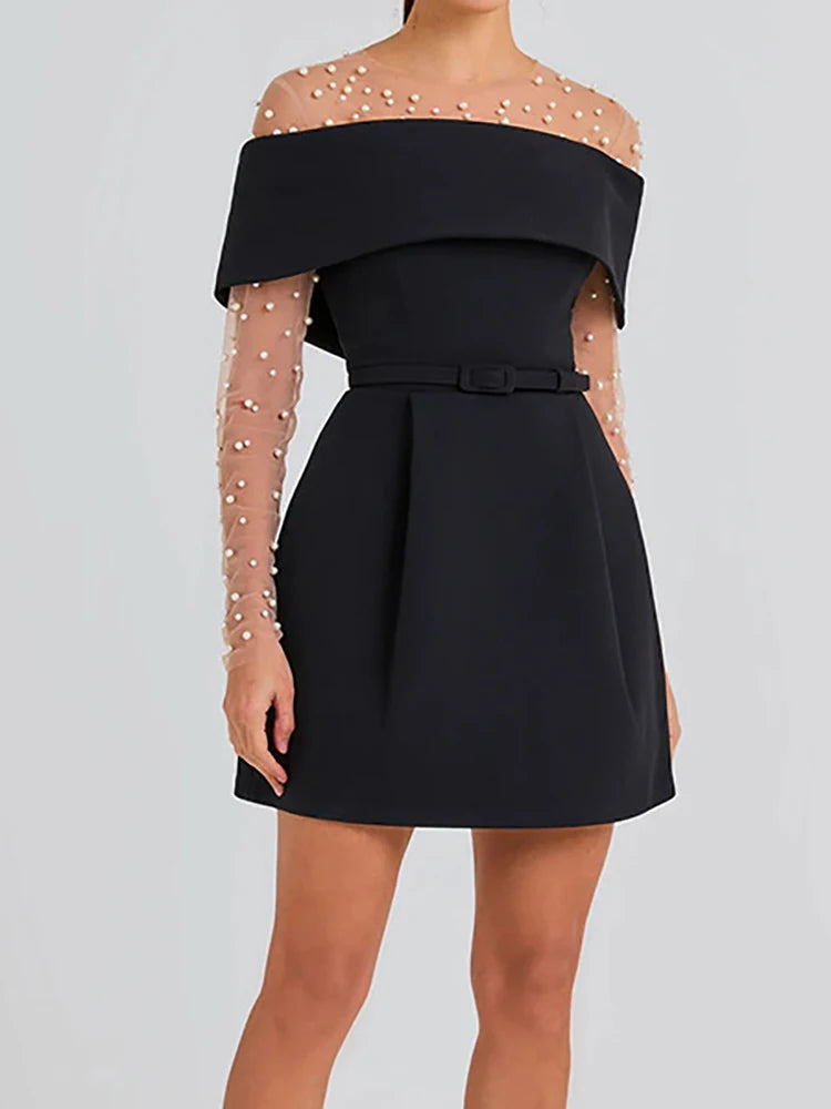 Women Belt Patchwork Short Sleeve Mini Dress, Spring Summer Fashion Slash Neck Party Dress, Solid Off The Shoulder Ladies Dress