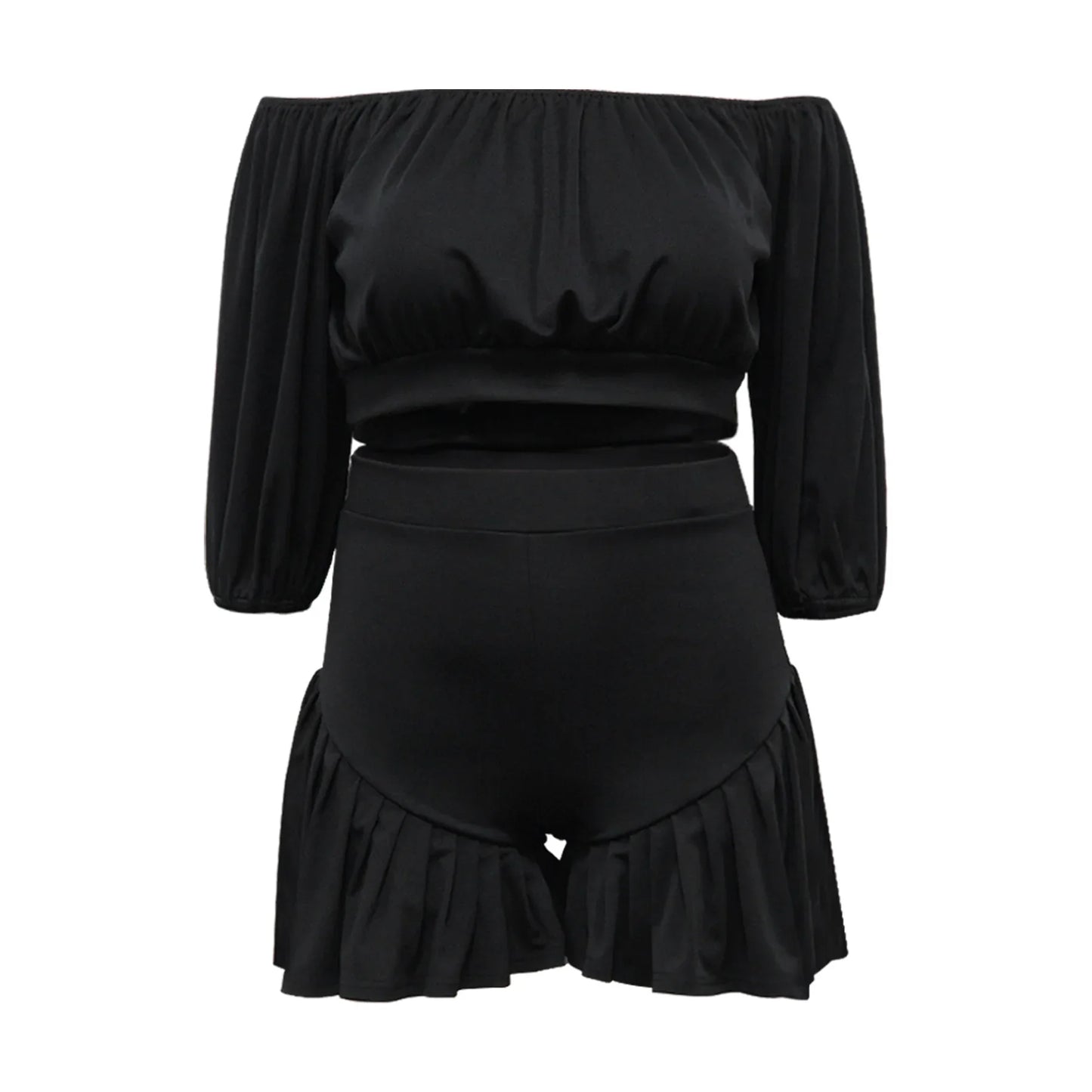 Customized Plus Size Women's Set Long Sleeve Slash Neck T-Shirt and Shorts 2025 Summer Ruched Two 2 Piece Set Outfits Tracksuit