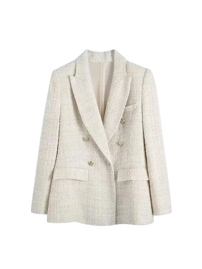 TRZA Women Fashion Tweed Double Breasted Blazer Coat Vintage Long Sleeve Flap Pockets Female Outerwear Chic Veste Femme