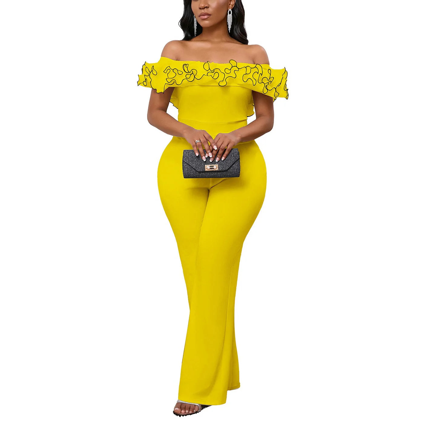 Luxury Jumpsuits & Rompers for Woman Off the Shoulder Ruffles Short Sleeve High Waisted Solid New Year 2025 Christmas Overalls