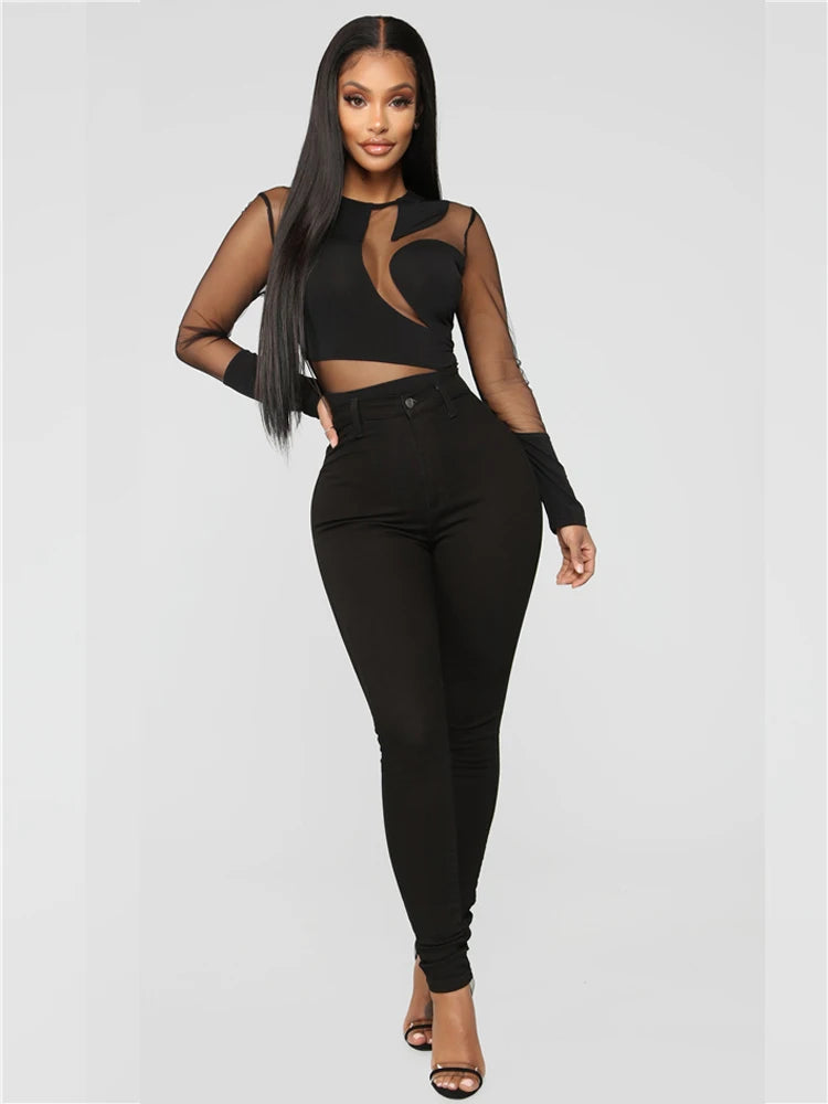 HBLL Sexy Nightclub Outfits Long Sleeve Bodycon Jumpsuits Romper for Women Birthday Outfits Womans Clothing Mesh Bodysuit