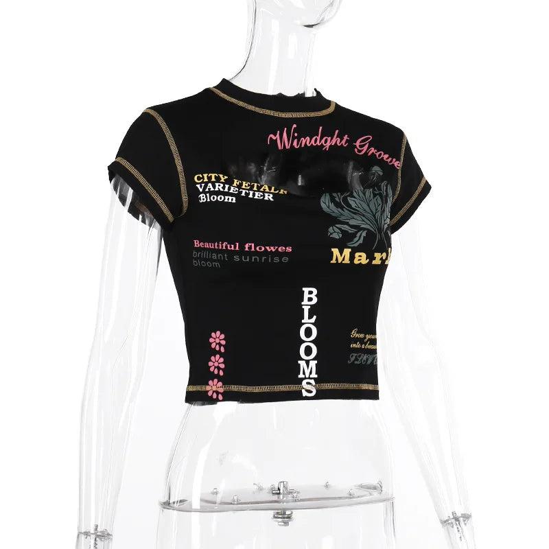 Hollow Out Crop Top Women O-Neck Aesthetic Clothes Letter Printed Y2k Accessories Short Sleeve Roupas Femininas Estilosas Summer