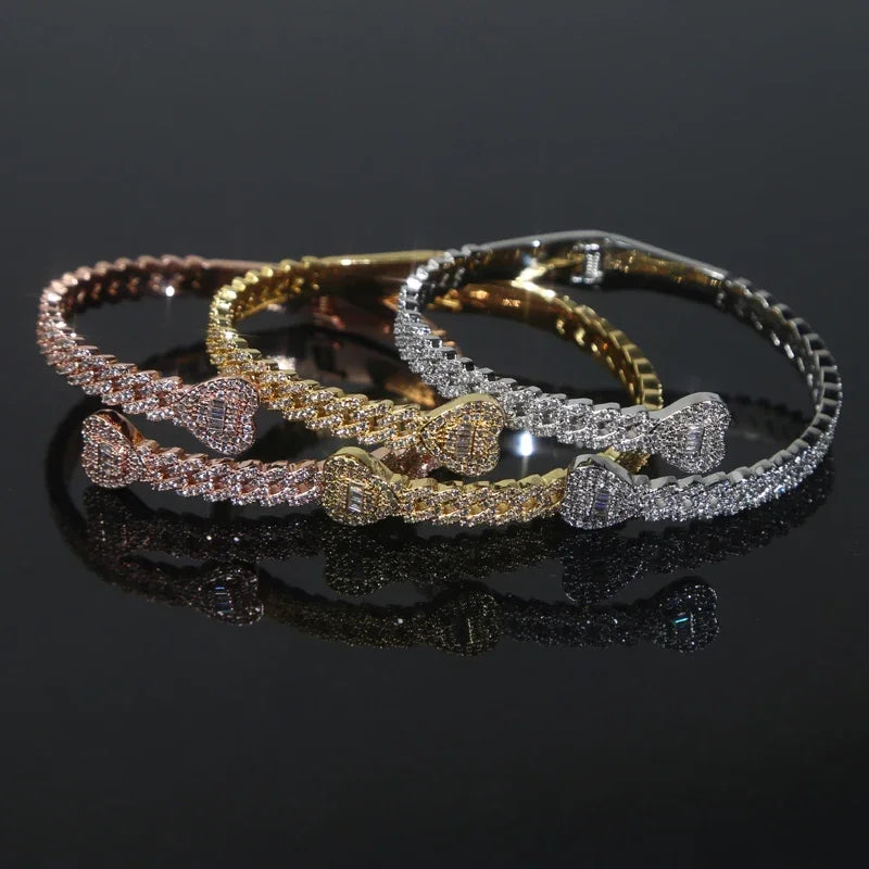 Iced Out Cuff Bangle Paved Setting Bling Cz Cubic Zirconia Wrist Cuban Chain Link Bracelets Fashion Hip Hop Jewelry for Women