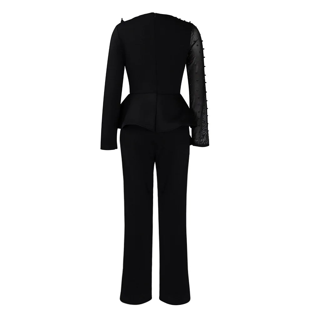 Luxury Jumpsuits & Rompers for Women Round Neck Beaded Transparent Sleeve High Waisted Elegant Female Birthday Party Overalls