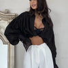 Bornladies Autumn Women's Fashionable Loose Collared Shirt Office Lady Solid Color Versatile Flare sleeve Top Long Sleeved Shirt