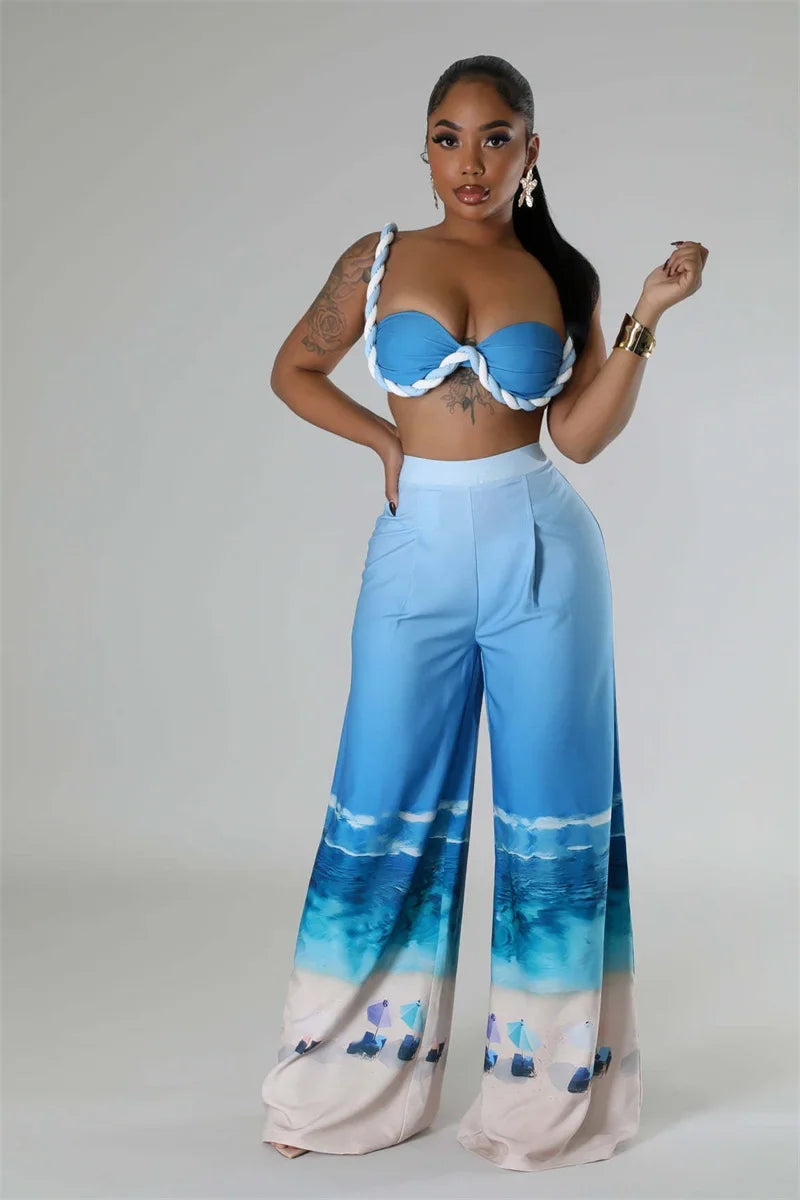 Sexy Nightclub Outfits for Women 2 Piece Set Birthday Vacation Bra Crop Top and Print Wide Leg Pants Matching Sets Beach Wear