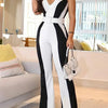 Spring and Summer New Women's Fashion Casual Slim Striped V-neck Black and White Contrast Jumpsuit--without Belt