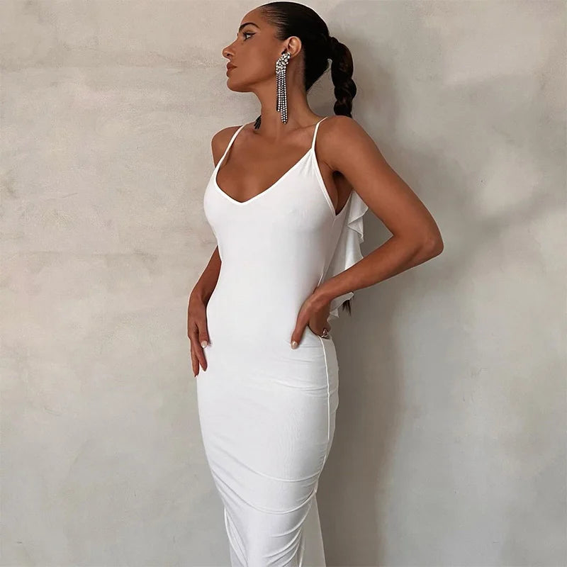 Ruffles Backless Sheath Bodycon Maxi Dresses Party Sleeveless Camisole Robe Femme V Neck Summer Dress Woman Sexy Vestidos Mujer