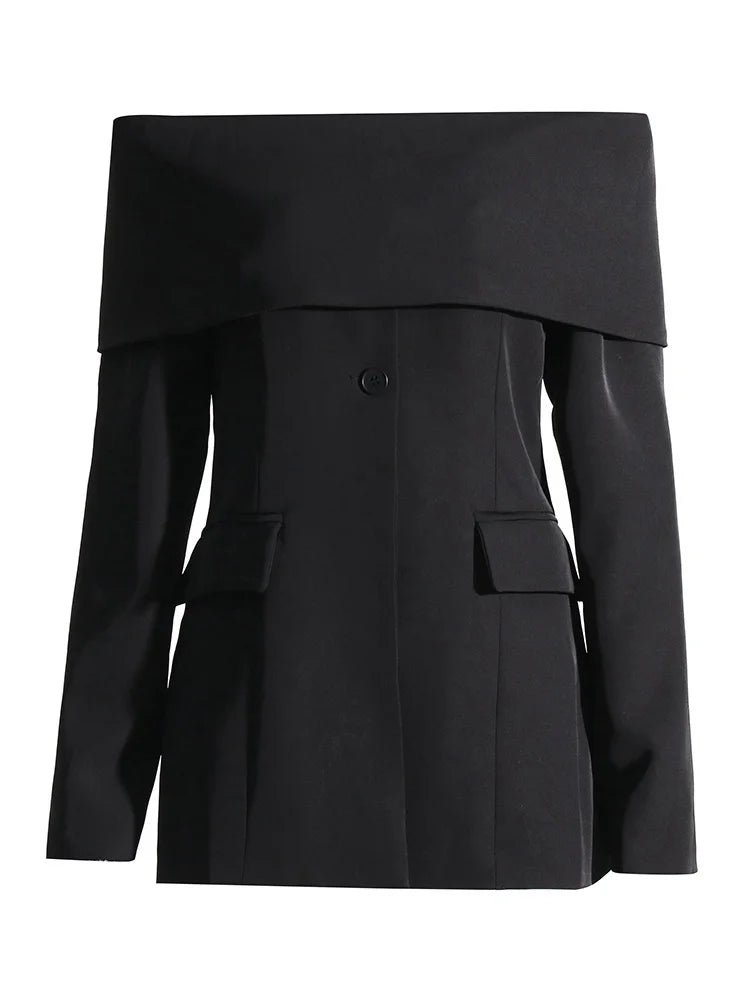 TWOTWINSTYLE Slash Neck Chic Blazers For Women Off Shoulder Long Sleeve Patchwork Single Button Solid Coat Female Clothes 2022