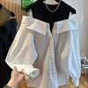New Off The Shoulder Blouses Women Slim and Loose Tank Top Spliced Long Sleeve Shirts Autumn Round Neck Fashion Shirts Women Top