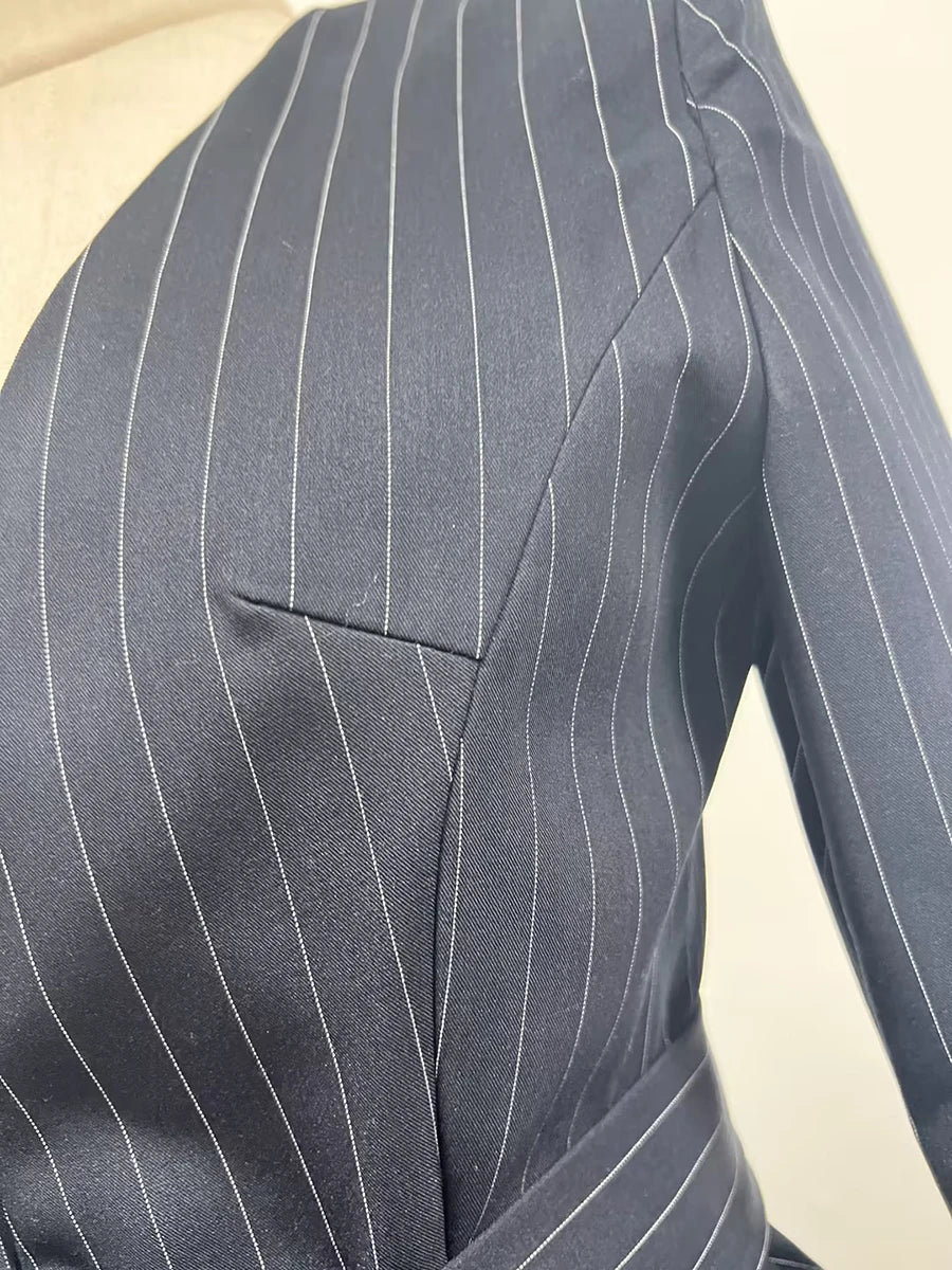TWOTWINSTYLE Colorblock Striped Slimming Blazers For Women V Neck Long Sleeve Tunic Temperament Coats Female Fashion Clothes New