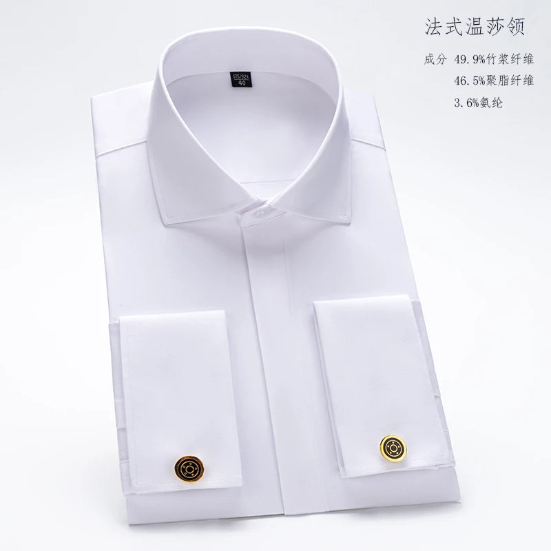 Men's French cufflink shirt with long sleeves slim fit concealed buttons solid color high end wedding dress formal men's