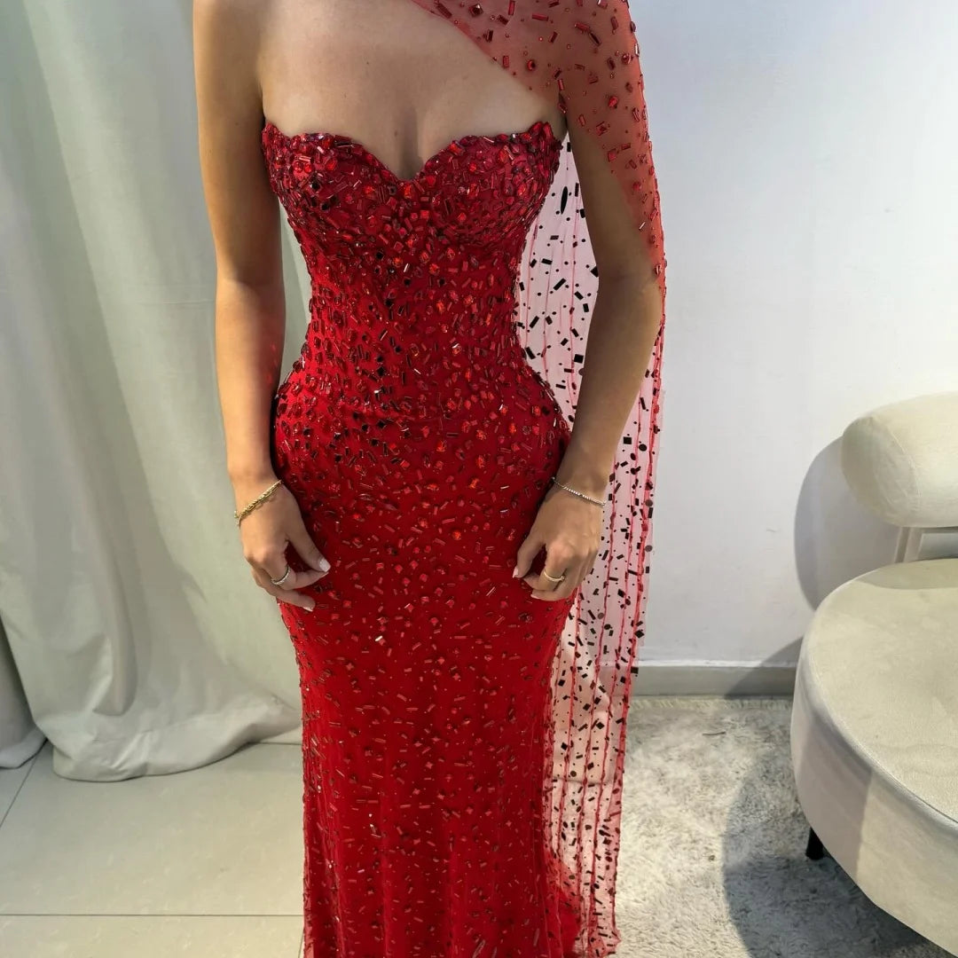 Sansa Customized Red Mermaid Glitter Strapless Prom Dresses Floor-Length Backless vestidos de festa