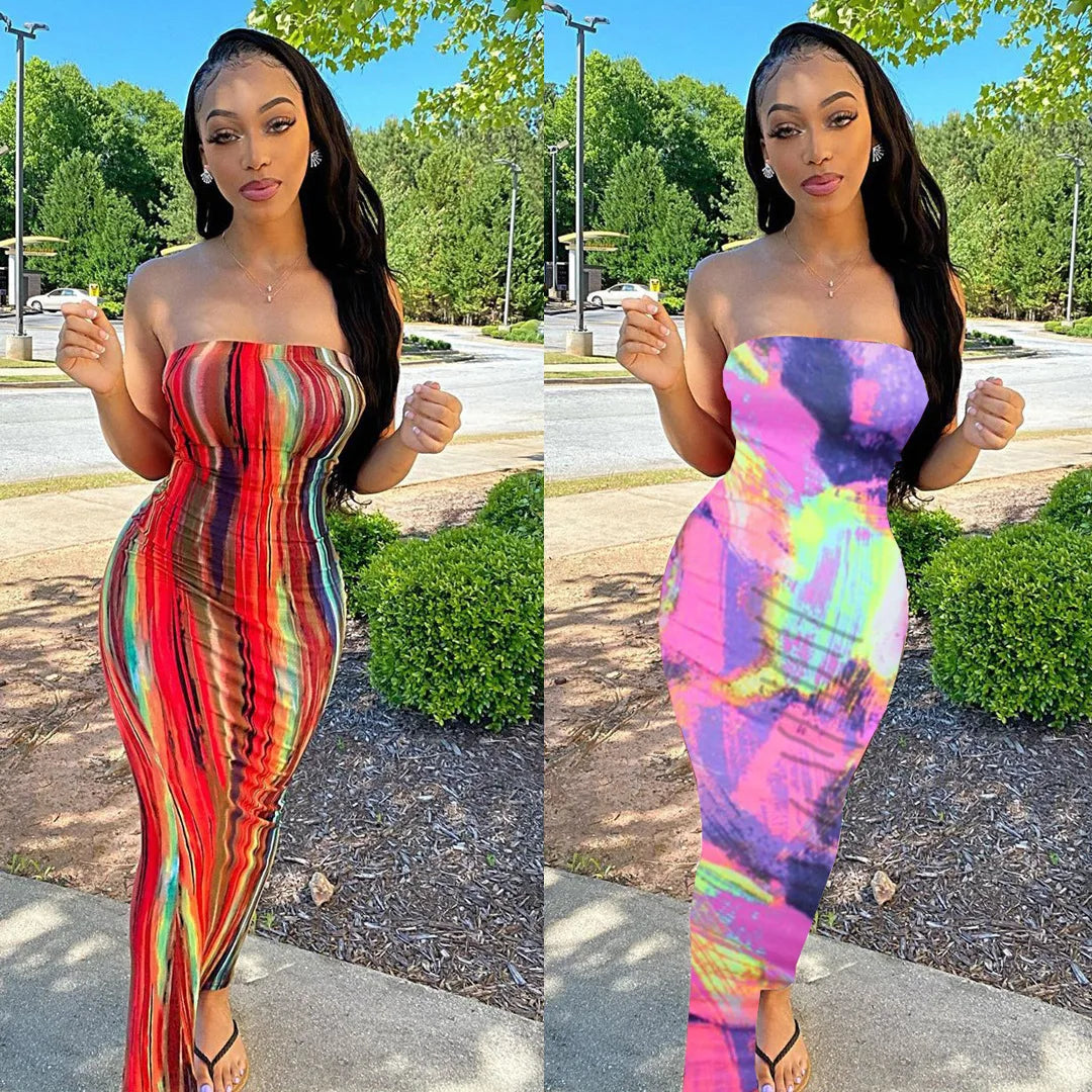Spring/Summer Women's Colorful Tie Dye Print Off Shoulder Wrapped Chest Dress