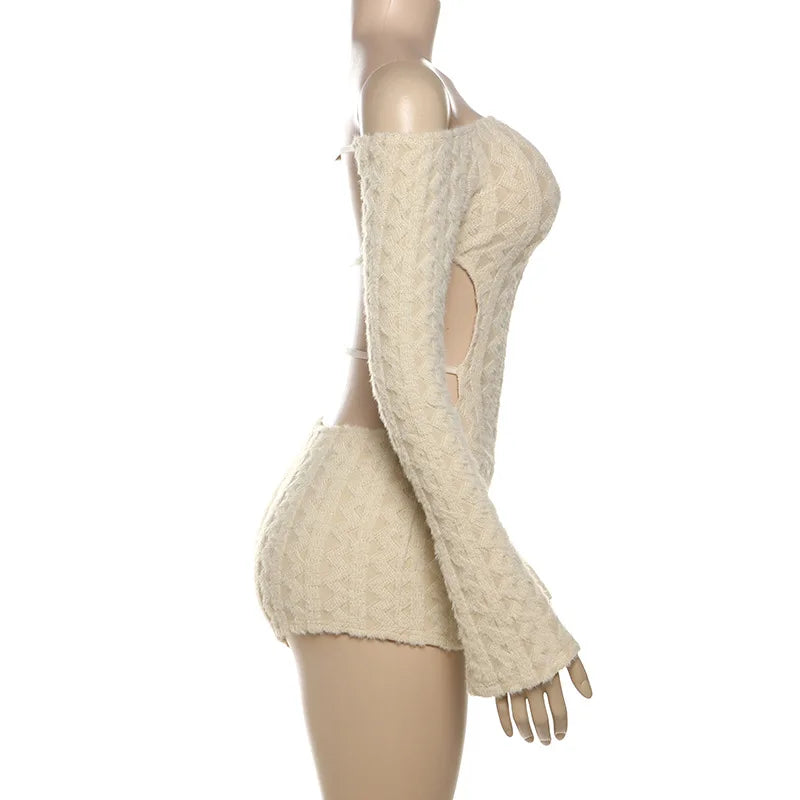 2025 Spring Women's Clothes Above Knee Sexy Knit Rib Romper One Piece Off Shoulder Long Sleeve Skinny Short Jumpsuits Playsuits