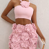 New sexy pink neck hanging backless dress, women's temperament short skirt decoration flower party dress set