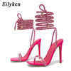 Eilyken CRYSTAL Diamond Thin High Heels Women Sandals Sexy Ankle Cross Strap Lace-Up Square Toe Party Dress Female Shoes