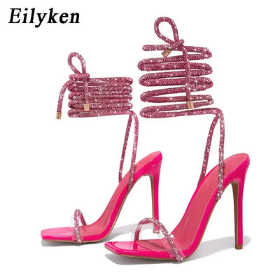 Eilyken CRYSTAL Diamond Thin High Heels Women Sandals Sexy Ankle Cross Strap Lace-Up Square Toe Party Dress Female Shoes