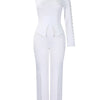 White 2 Piece Sets Women Outifits Autumn Slanted Shoulder Nail Bead Top Pants Two-piece Party Lady Matching Sets OL Fashion Suit