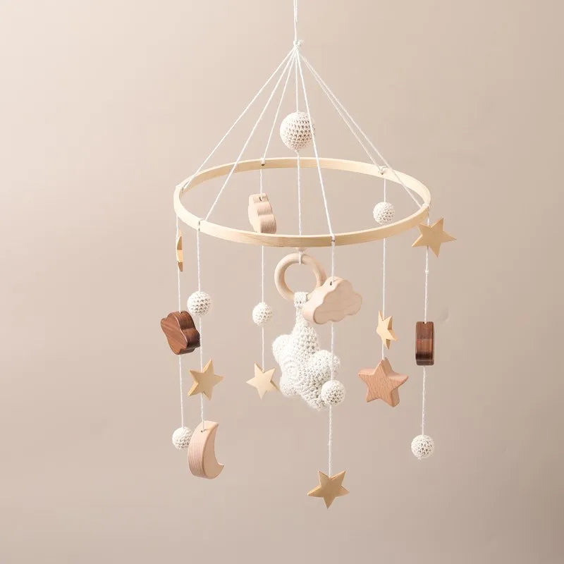 Baby Crib Mobile Bed Bell Rattle Toys Wooden Crochet Stars Pendant Bed Bell Toys Newborn Comfort Crib Bracket Hanging Toys Gifts