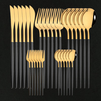 30Pcs/Set Stainless Steel Dinner Black Gold Dinnerware Set Knife Fruit Fork Spoon Cutlery Set Kitchen Tableware Silverware Sets