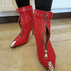Belt Buckle Front Zipper Fashion Show Short Boots Women's Autumn Winter New Pointed Metal Decoration Red High Heels Ankle Boots