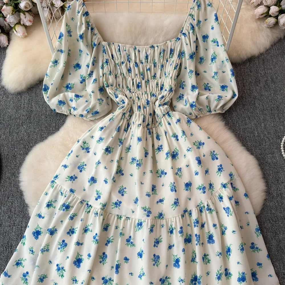 2024 New Summer Flower Print Long Dress Women Vintage Square Neck Ruched Chest Sash Bandage Sundress Party Vestidos