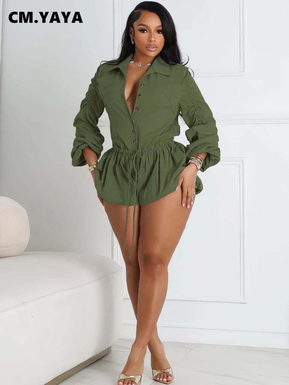 CM.YAYA Vintge Women's Blouse Style Ruched Up Long Sleeve Romper Playsuit 2025 Summer Streetwear Basic Overall Outfits Jumpsuits