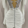 Luxury Sparkly Crystals Sexy Mesh White Velvet Short Dress 2025 Women Elegant Evening Prom Birthday Party Dresses Stage Costume