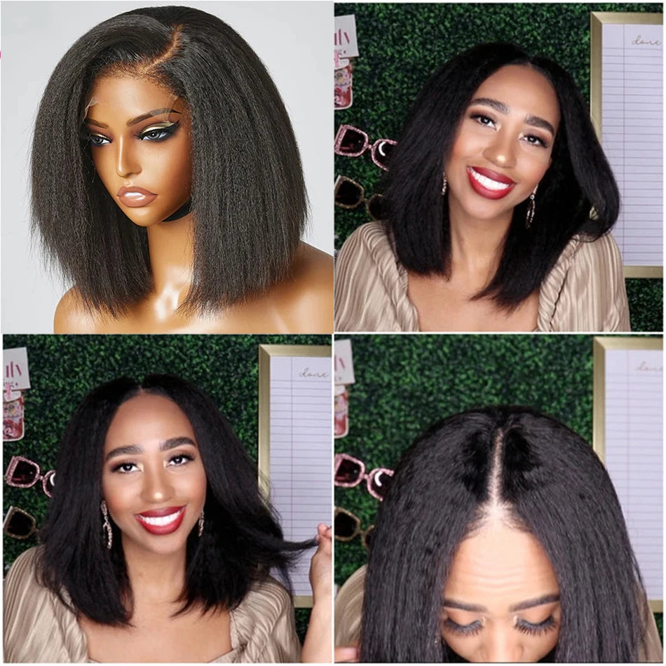 Peruvian Kinky Straight Wig Glueless Short Bob Wigs Human Hair 13X4 Yaki Straight Lace Front Wig Pre Plucked Closure Wig 180%