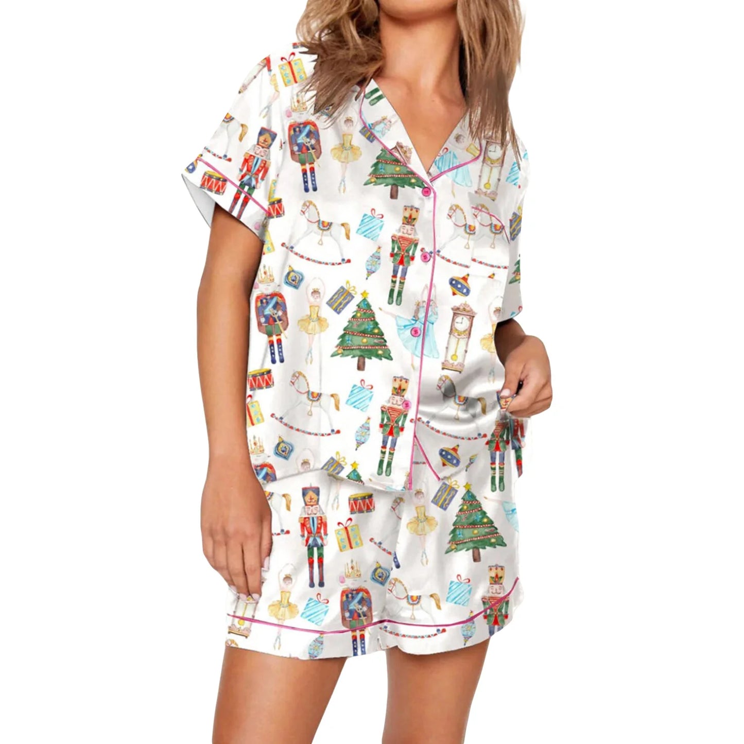 Nutcracker Pajamas Women Christmas Pajama Set Short Sleeve Tops+Elastic Waist Shorts Santa Claus Avatar Print Sleepwear Outfits