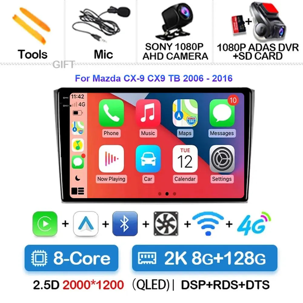 Android 14 Carplay Auto For Mazda CX9 CX-9 TB 2006 2007 2008 2009 2010 2016 Car Radio Multimedia Player Video Stereo WIFI+4G DSP
