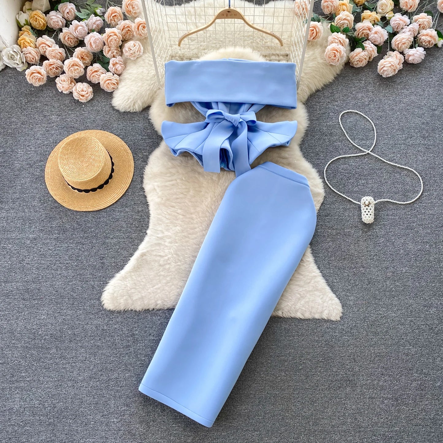 Women Vintage Two Pieces Skirt Sets Women Long Sleeve Sexy Slash Neck Bandage Ruffle Blouse Top and High Waist  Hip Wrap Skirt