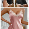 Silk Satin Lace Women Nightgown Sleeveless Cross Back Sleepwear Solid Color Deep V Neck Side Split Pajama Home Dress