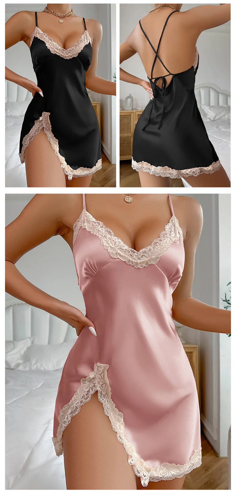 Silk Satin Lace Women Nightgown Sleeveless Cross Back Sleepwear Solid Color Deep V Neck Side Split Pajama Home Dress