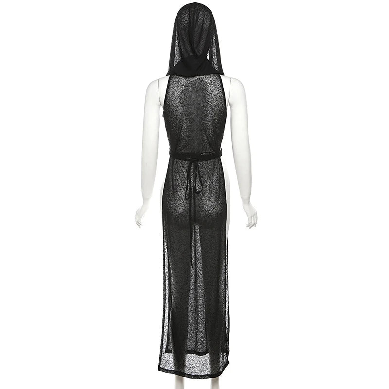 OMSJ Women Gothic 2024 Black Hooded Knitted High Split Long Dress Hollow Sexy See-through Straight Dress Festival Rave Club Wear