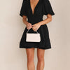 Women Summer Casual A-line Dress Solid Color Deep V-Neck Short Puff Sleeve Mini Dress Fashion Party Short Dress