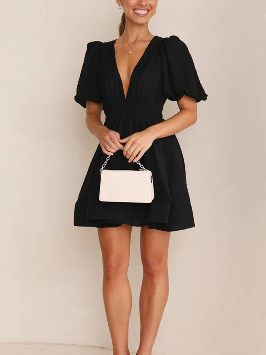 Women Summer Casual A-line Dress Solid Color Deep V-Neck Short Puff Sleeve Mini Dress Fashion Party Short Dress