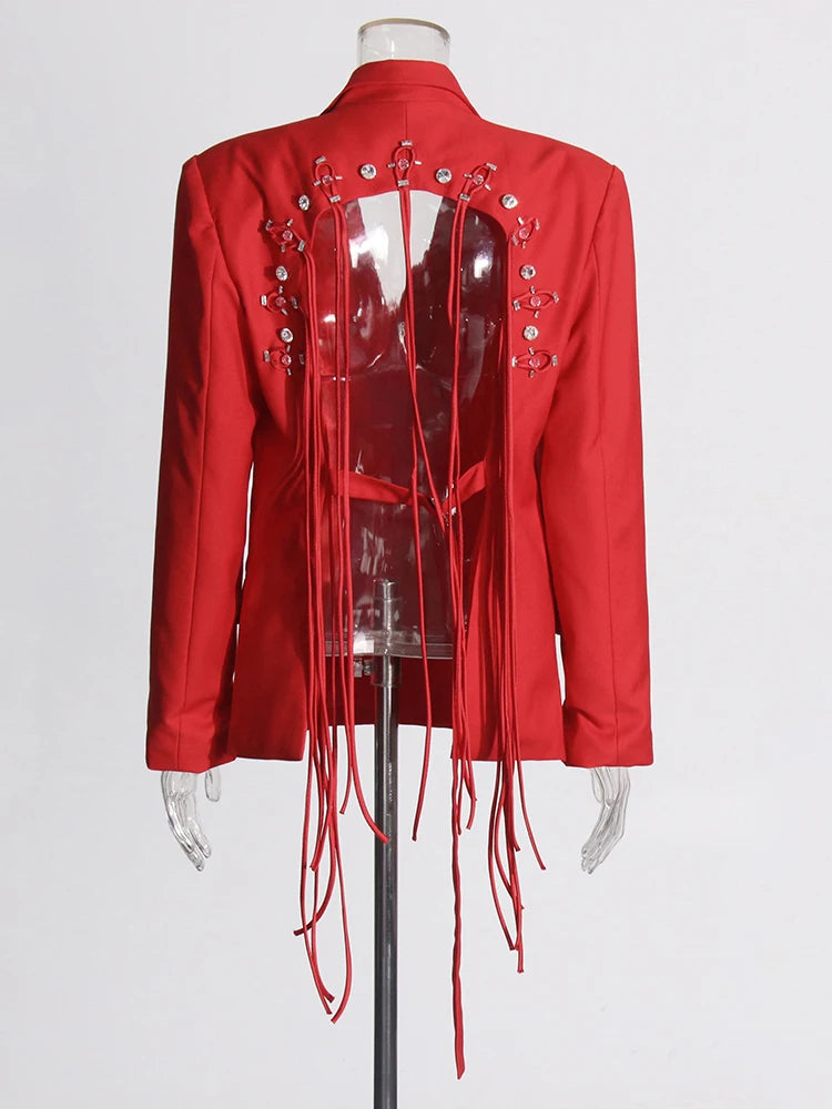 TWOTWINSTYLE Patchwork Diamonds Backless Blazer For Women Notched Collar Long Sleeve Spliced Button Chic Blazers Female Style