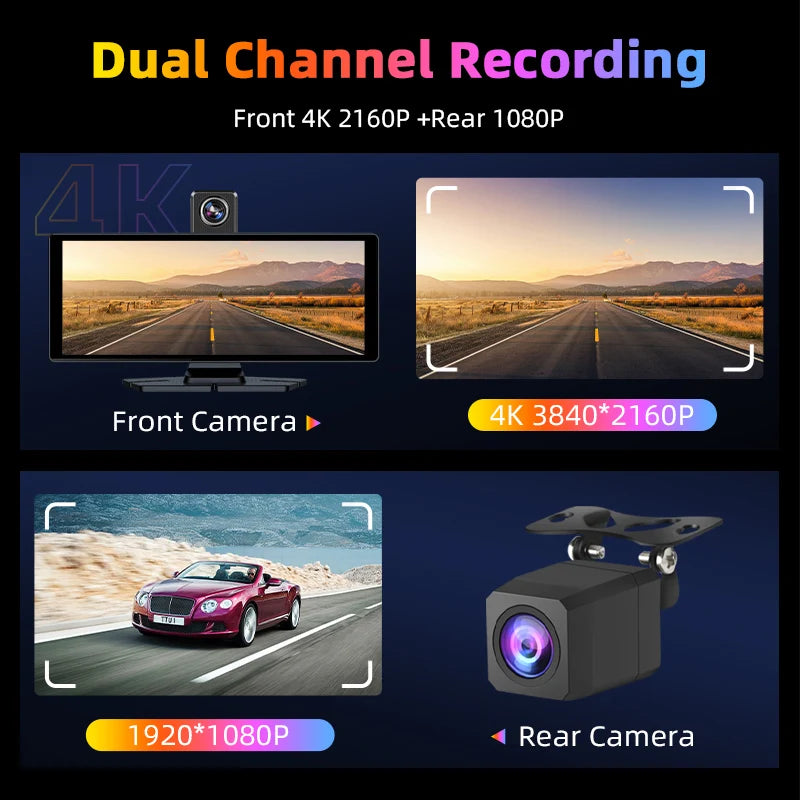 Develuck 10.26" Car DVR 350° Adjustable Carplay Android Auto Dash cam 4K Front&1080P Rear Camera Voice Control WIFI Dual lens FM