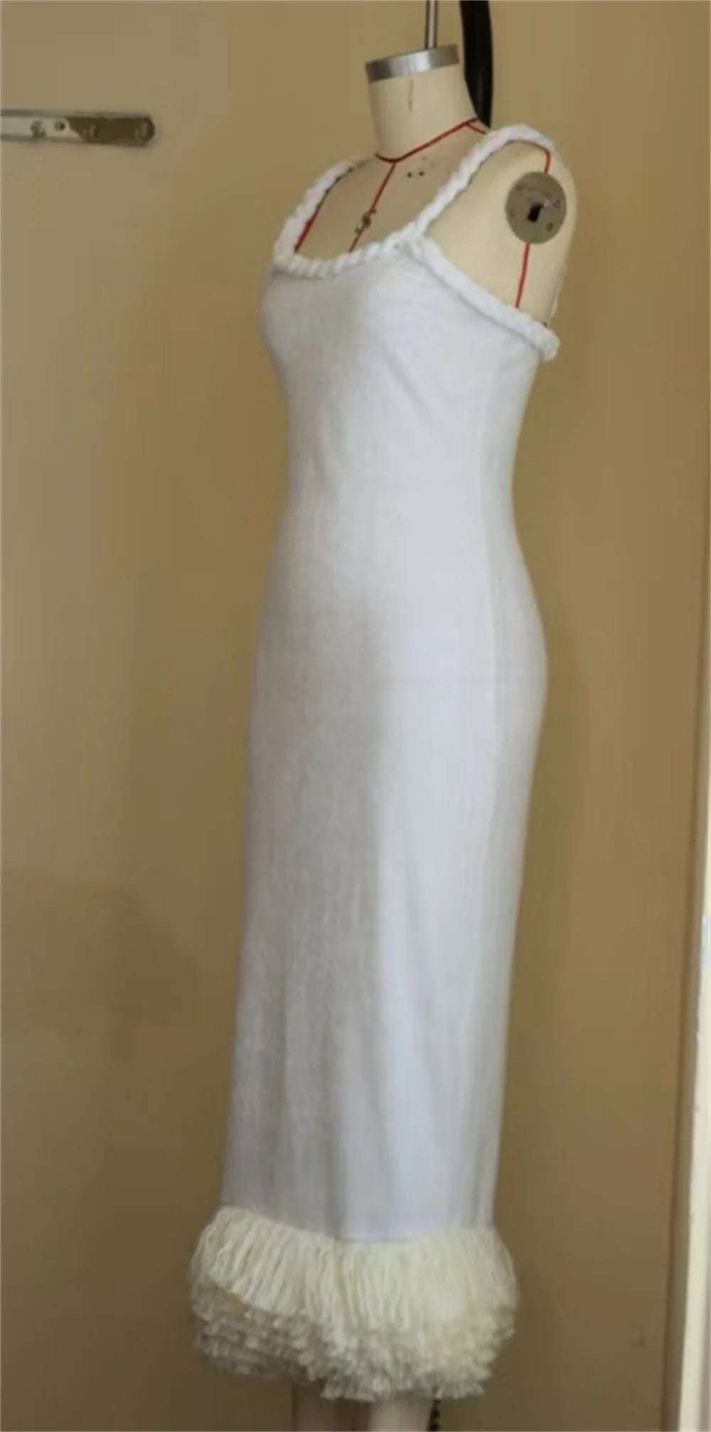 Fashion Yellow Tassel Knitted Sling Midi Dress for Women 2024 Sexy Backless Sleeveless Summer Beach Party Lady Robes