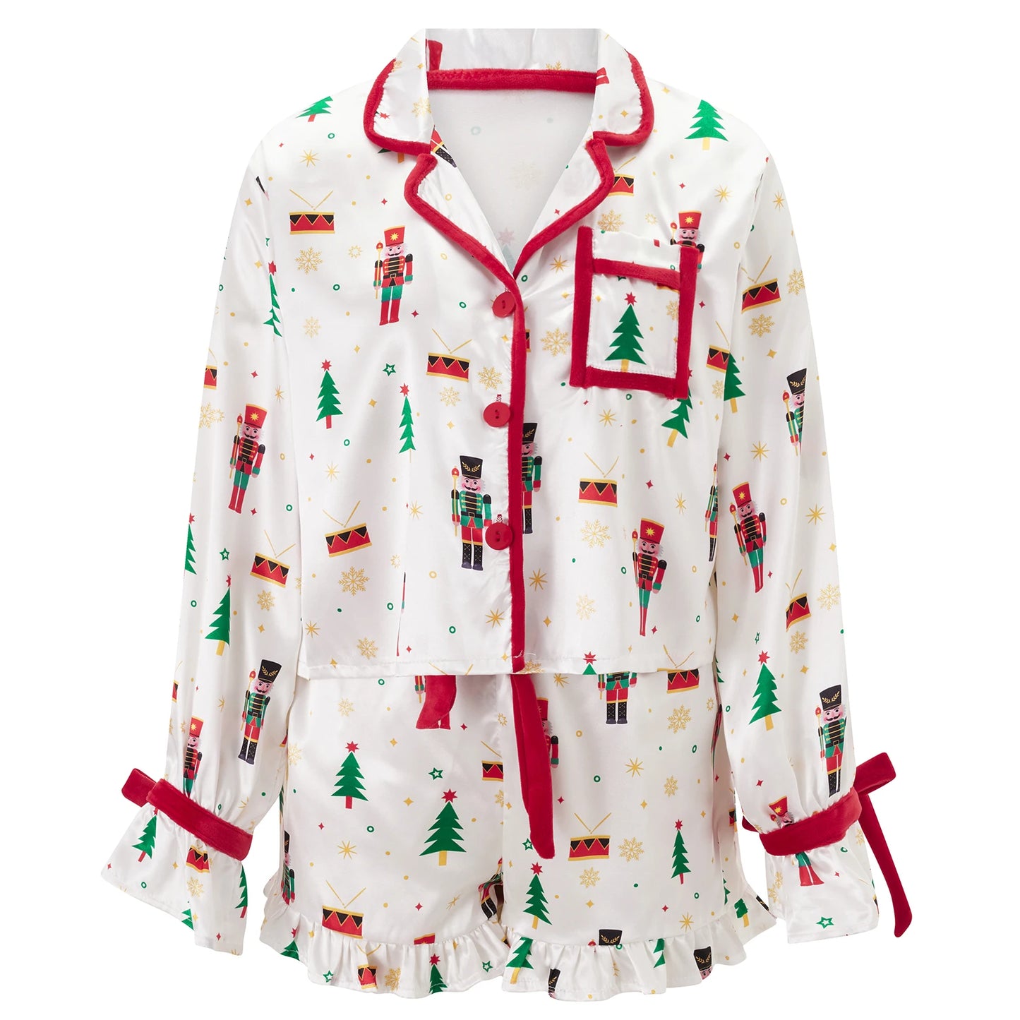 Women 2 Piece Christmas Pajamas Cute Bow Tie Long Sleeve Santa Claus Shirts Ruffles Boxer Shorts Satin Silk Xmas Pjs Sets