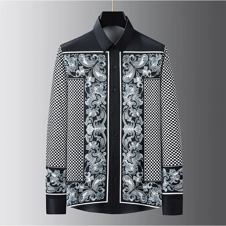 Fashion Men's Luxury Retro Print Shirt Crown Diamond Casual Social Shirt Long Sleeve Slim Fit Business Party Dress Shirt XS-6XL