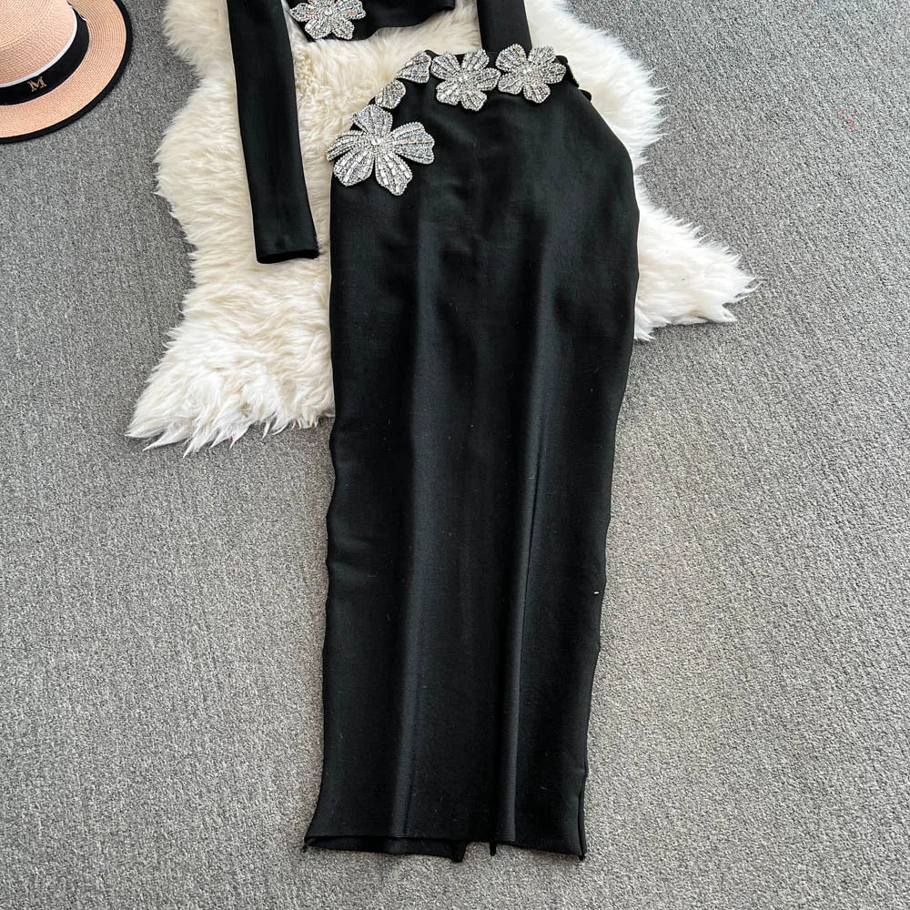 Faionable Diamond Embellied Wrap Skirt Set ort Top Long Dr Slimming High Collar Long Sve Zipper Two Piece Set