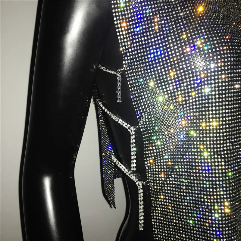 Sexy Rhinestone Backless Party Crop Top Women Glitter Turtleneck TShirt Adjustable Metal Chain Summer Nightculb Diamond Tank Top