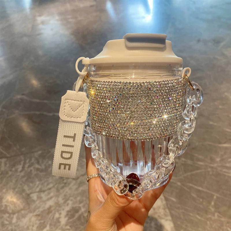 Chain Carry Straight Drink Coffee Cup Rhinestone PC/PP Portable Eco Friendly Non-slip Reusable Mug Outdoor Travel Water Bottle