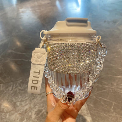 Chain Carry Straight Drink Coffee Cup Rhinestone PC/PP Portable Eco Friendly Non-slip Reusable Mug Outdoor Travel Water Bottle