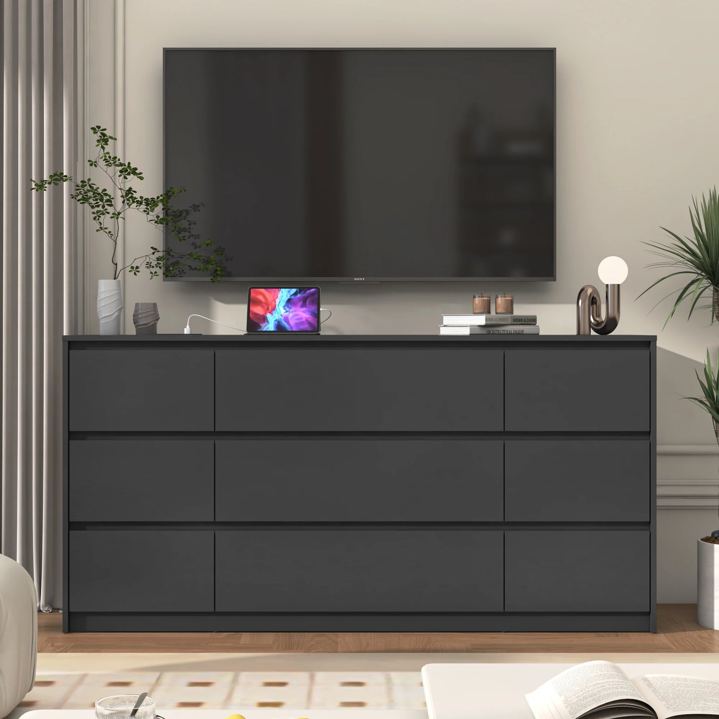 9 Drawer Dresser for Bedroom with Charging Station, 63" Modern Large Wood Chest of Drawers Handle Free, Black/White