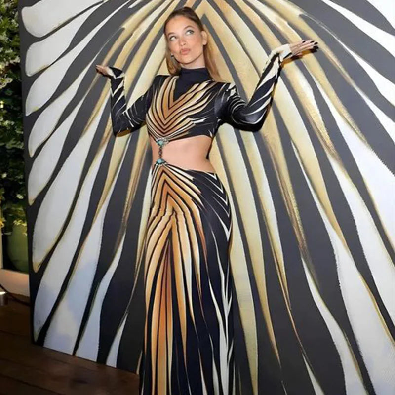 Party Printed Dresses For Women Fashion Sexy Full Sleeves Turtle Neck Hollow Out Slim Fit Backeless Long Vestidos Robes Female