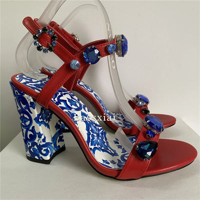 Luxury Diamond Crystal Decor Modern Sandals Women Blue And White Porcelain Print Ankle Strap Summer Shoes For Girls
